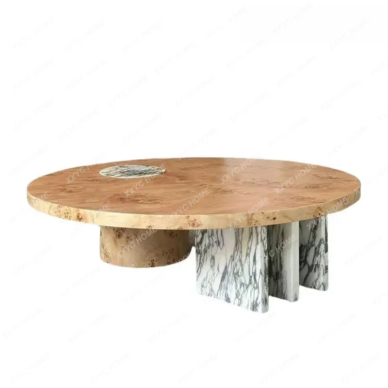 Used solid wood coffee table, light luxury marble burl, round designer style, modern parquet tea table, home use