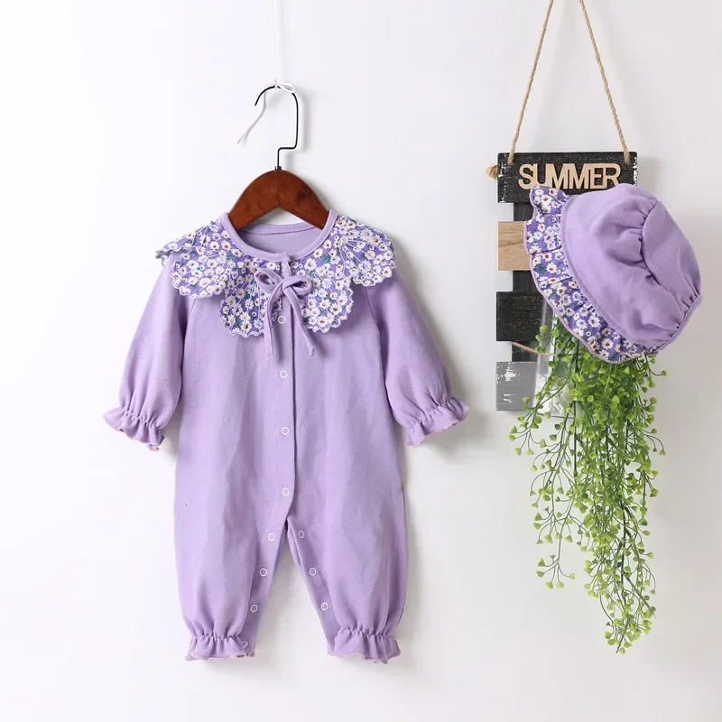 Baby Clothing 2023 Spring Baby Girls Clothes Romper Sweet Purple Daisy Doll Collar Single Breasted Long Sleeve Newborn Outdoor