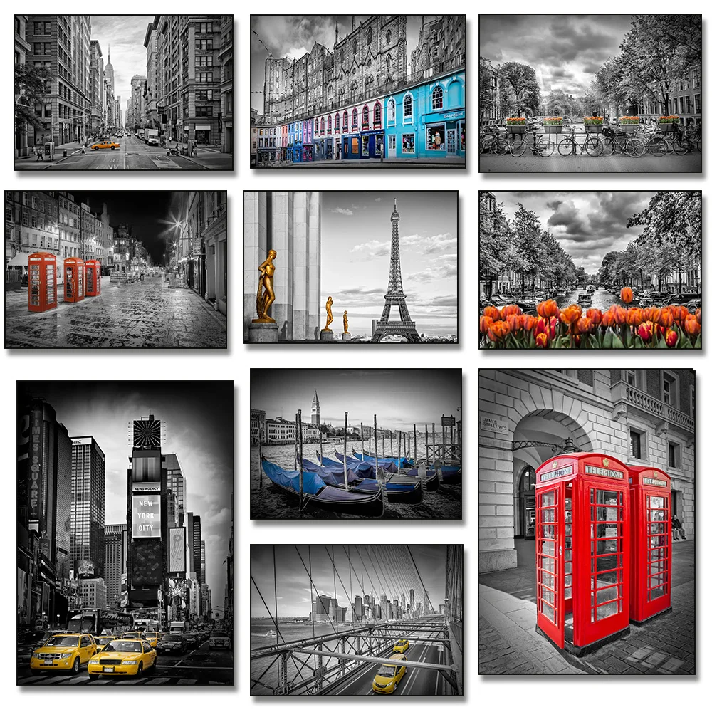 Póster de Lona con Impresión de Arte Mural de Cabina Telefónica Vintage de Londres, Autobús Rojo y Taxi Amarillo de Nueva York, Decoración del Hogar, Cuadros