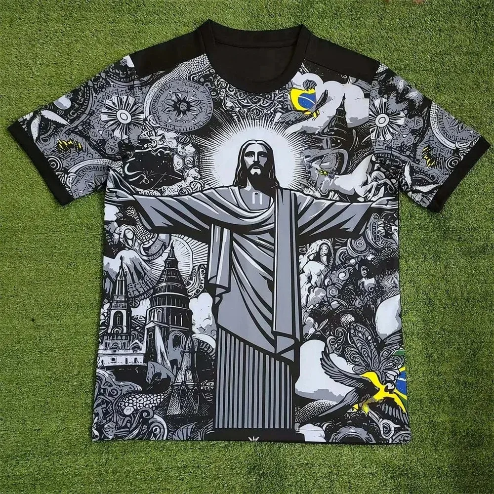 Retro Adult Brazil Soccer Jersey V‑Neck 2026 Crest Fan Football Shirt Black Green Yellow Art Full Print Supporter Uniform