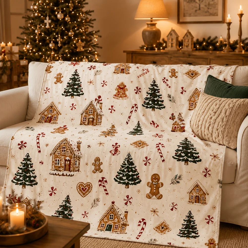 Retro Gingerbread House Christmas Print Throw Blanket Xmas Tree Candy Cane Cookie Pattern Soft Cozy Lightweight Decor Blanket