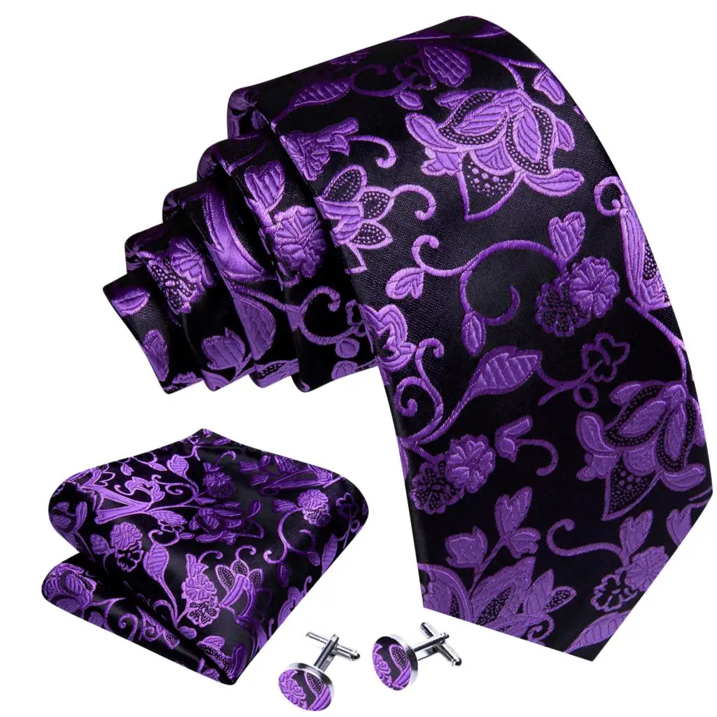 Purple Black Floral Silk Tie For MenWith Pocket Square Cufflink Set New Suit Necktie For Male Formal Designer Party Barry.Wang