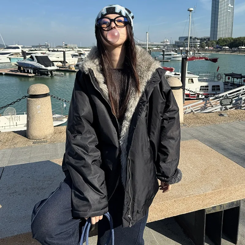 

Модная двусторонняя толстая теплая куртка в американском стиле, зимнее свободное пальто с высоким воротом и бахромой средней длины, женская одежда