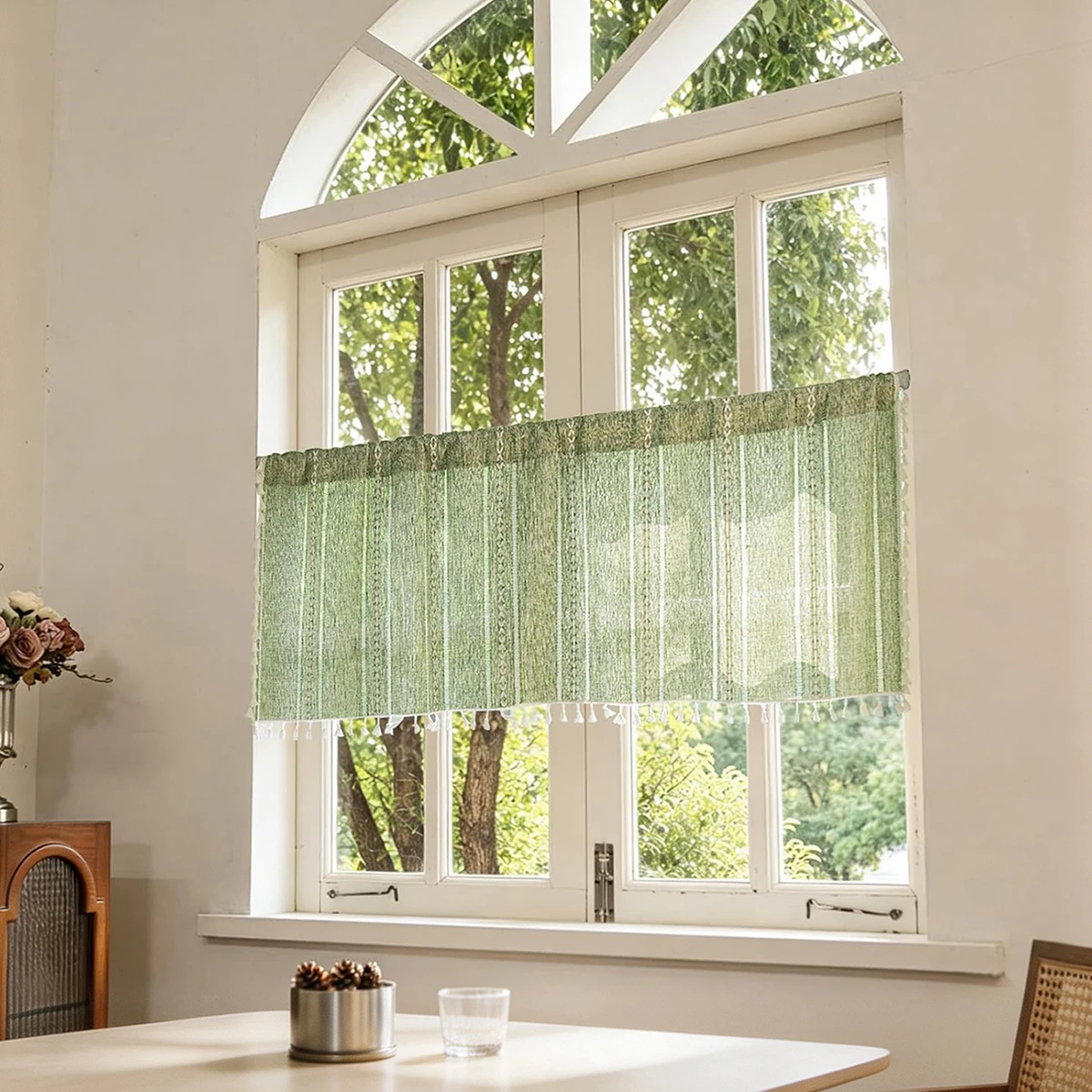 1Pc Forest Green Tassel Translucent Semi-curtain, Simple and Versatile Multi-scene General Porch Kitchen Bay Window Application