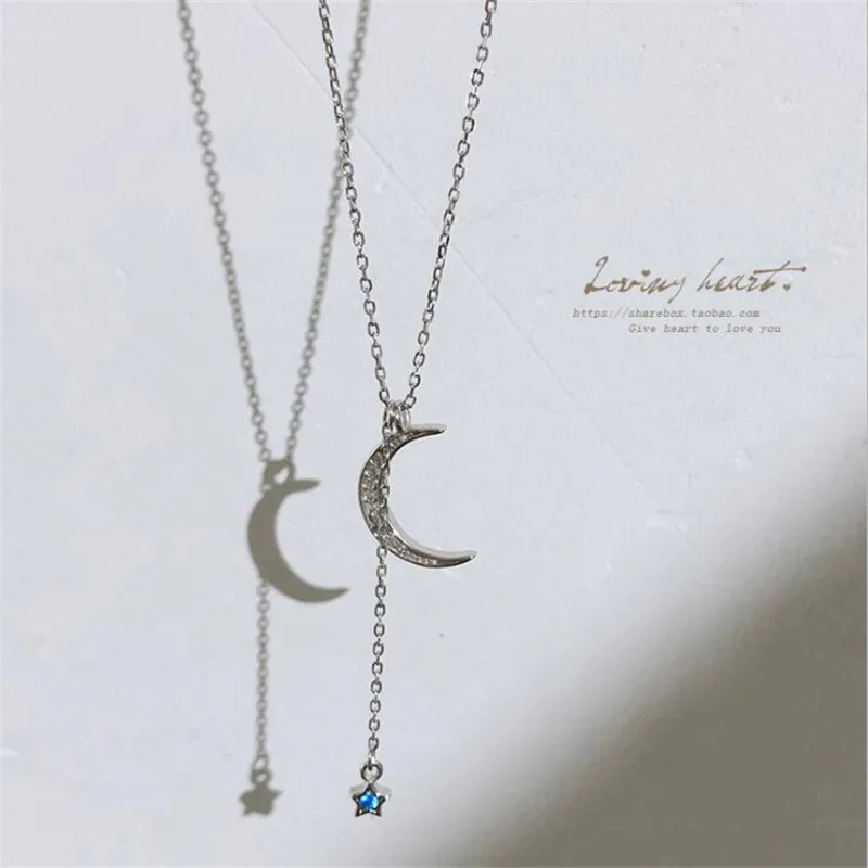 New Beautiful Moon And Star Five-pointed 925 Sterling Silver Jewelry Personality Crystal Exquisite Gift Women Necklaces  XL229