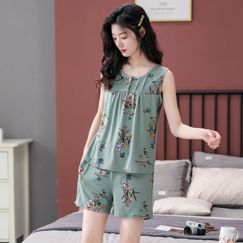 Small Flower Print Women Vest Pajama Sets Stretch Modal Sleepwear Casual Tracksuit 2 Pcs/set Sleeveless Summer Home Lounge Gift