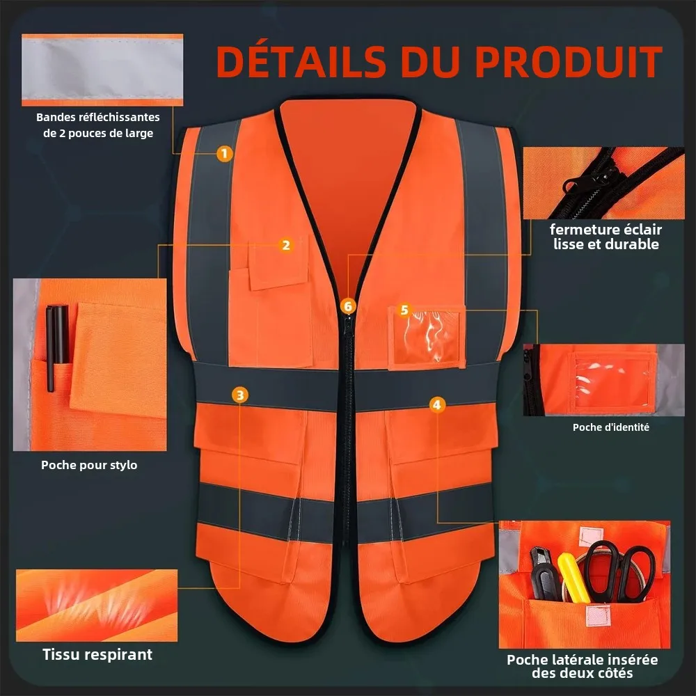 Orange Safety Vest High Visibility Reflective Security Construction Work Vest With Pocket Zipper Front Meet ANSI/ISEA Standard