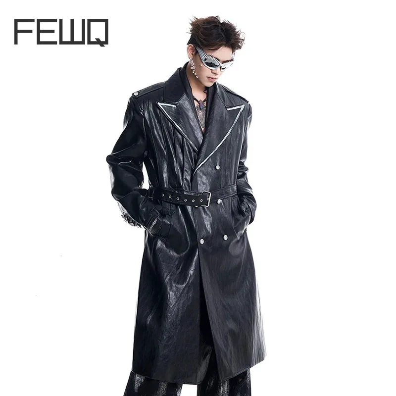 

FEWQ Men's Niche Handpainted Lines Shoulder Pads Coat Straps Waist Cinched PU Leather Design Knee High Trench Fashion