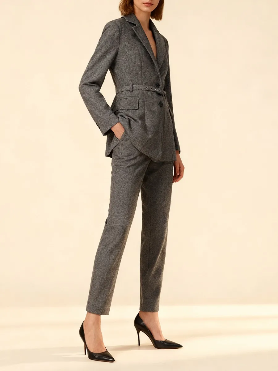 TWOTWINSTYLE – ensemble deux pièces en laine pour femmes, col cranté, ceintures épissées, manteau, taille haute, pantalon droit, costume minimaliste