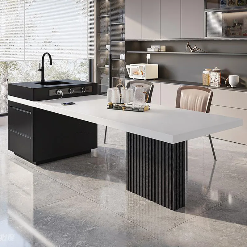 

Modern minimalist rock slab integrated retractable water basin middle guide table multi-functional bar table induction cooker