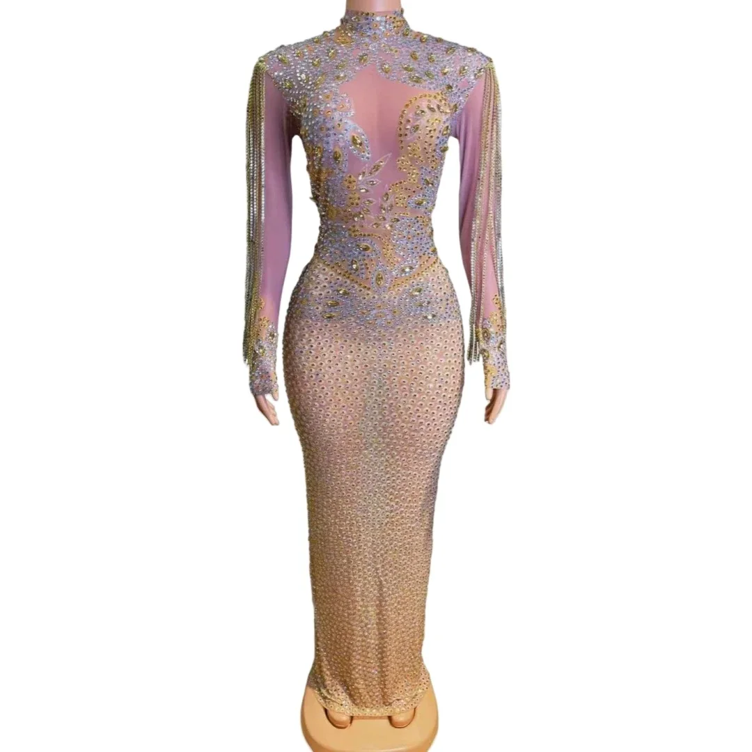 فستان نسائي أنيق بحجر الراين بالكامل أنيق لأعياد الميلاد والسهرات والحفلات الراقصة فستان مطاطي للمغني والراقص الملكة المتأنق 2025 ملابس السنة الجديدة