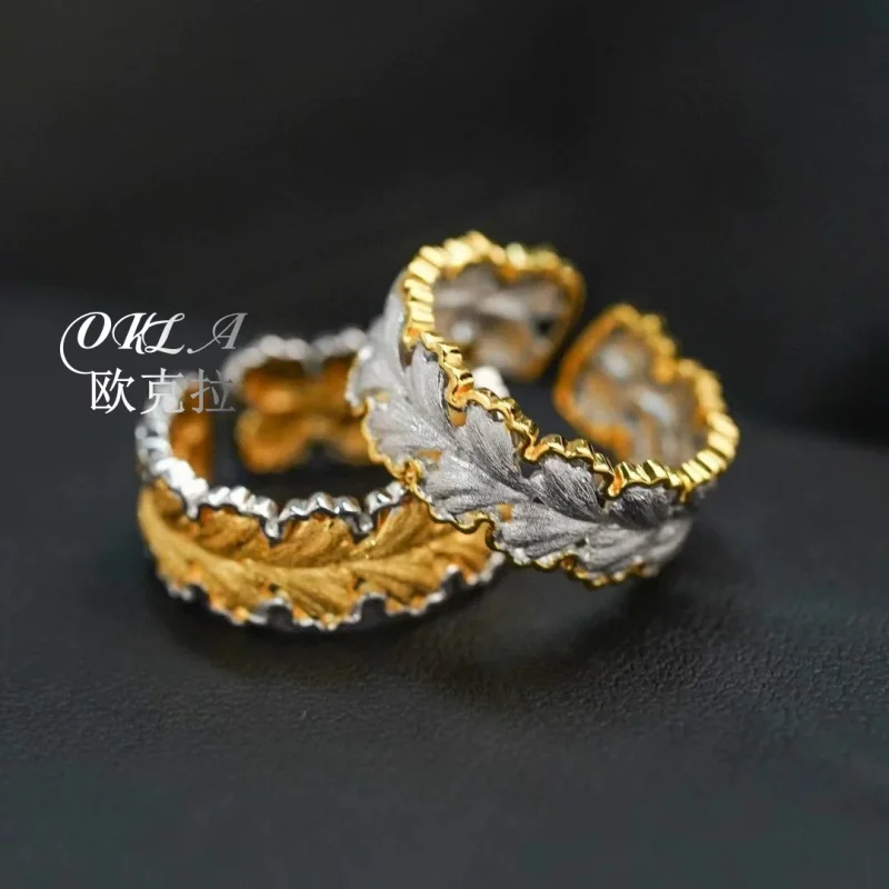 

Okla Italian Retro Jewelry Hollow Ginkgo Leaf Two-color Gold Rings For Women Open Adjustable Finger Accessory