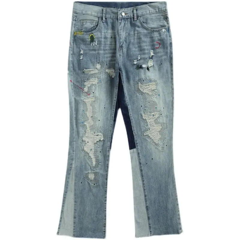 Men Slim Jeans Korean Fashion Splash-ink Casual Pants Blue Trendyol Cargo Trousers Punk Streetwear Man Harajuku Denim Y2k