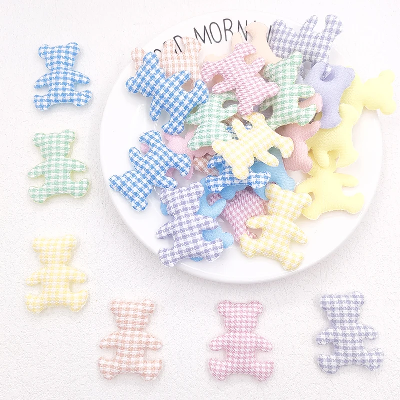 60Pcs/Lot 3.5*4.2CM Lattice Fabric Bear Padded Appliques For DIY Handmade Children Headwear Garment Accessories Patches