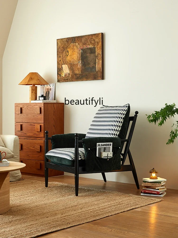 

Modern Retro Living Room Single-Seat Sofa Chair Oak Solid Wood High Backrest Home Removable and Washable Leisure Chair