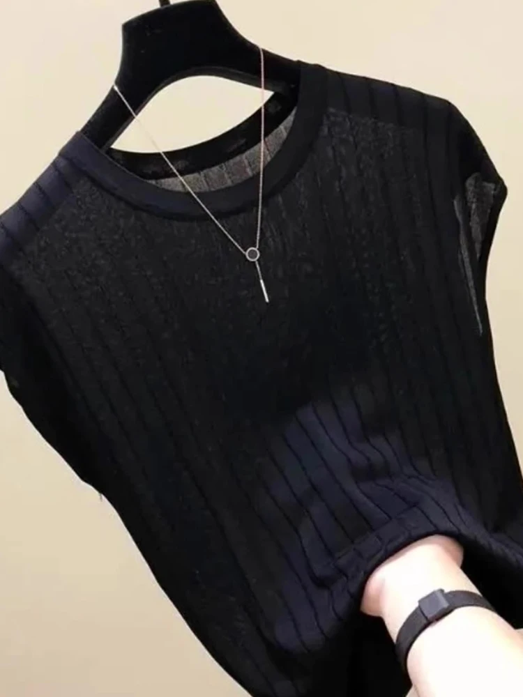 Faionable Pure Color Ice Silk Gestrickte runde Ne ort Sve Summer Thin Top Commute Sle Small ence High-End Feeling