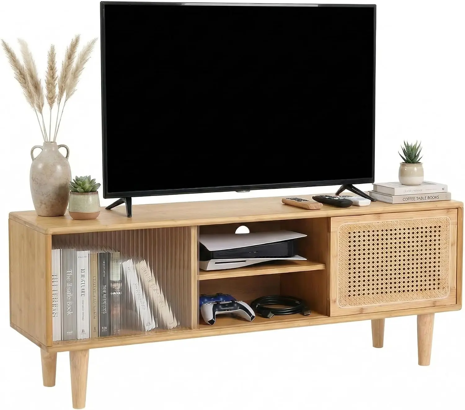 Rattan Television Stand Media Console Table For Living Room Bedroom, Modern Entertainment Center Display Storage Organizer Cabinet Rack With Doors And Adjustable Shelves, Natural, 1 Piece