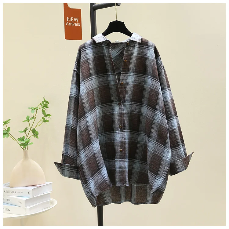 Camicia casual semplice scozzese retrò stile coreano SuperAen per donna Camicie in cotone allentato oversize di nuova moda autunno 2025