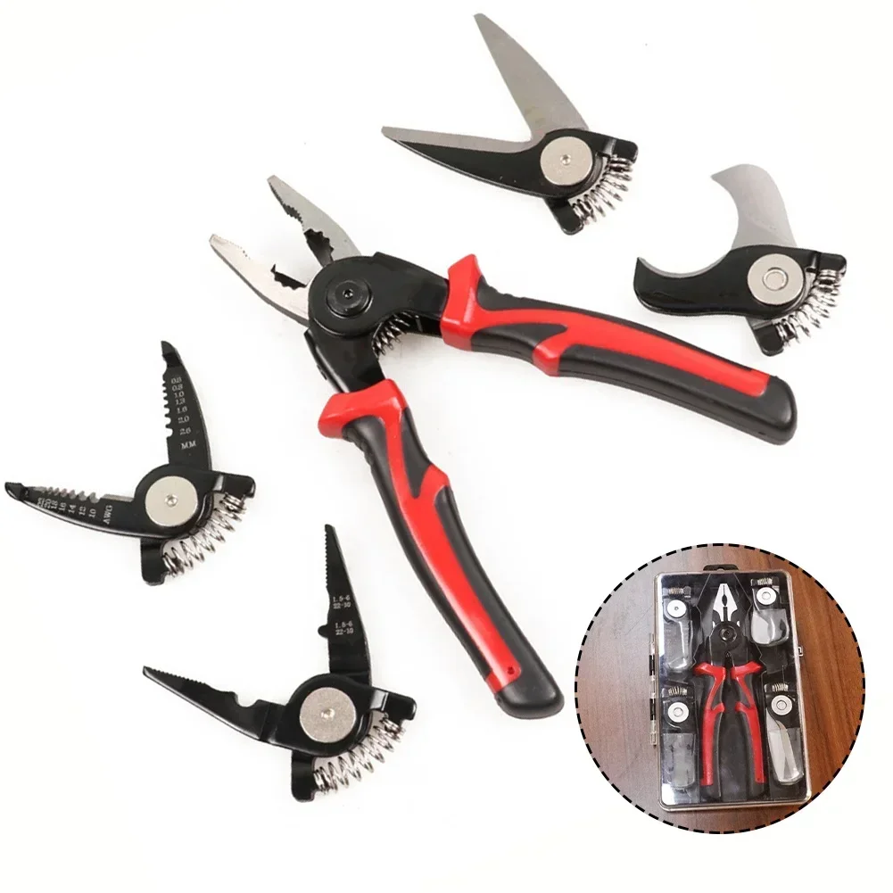 5-in-1 Multi-functional Pliers Set,Interchangeable Plier Heads Steel Wire Pliers,Wire Stripper,Cable Clamp,Crimping Pliers