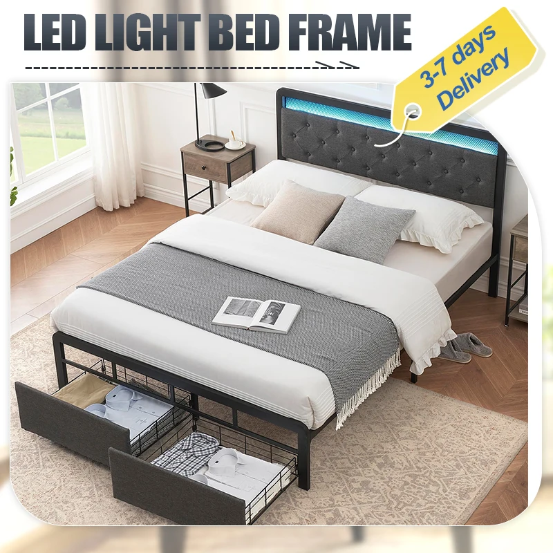 Full Size Bed Frame with 2 Storage Drawers, Button Tufted Headboard and LED Lights, Upholstered Platform Bed with Storage