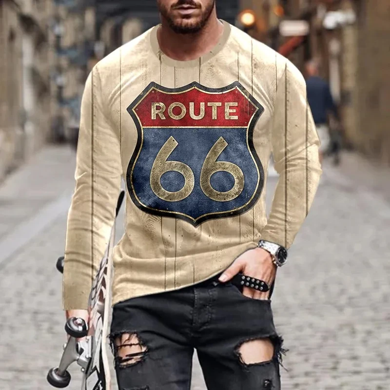 Camiseta con estampado 3D Vintage Route 66 para hombre, Jersey informal de manga larga con cuello redondo, de gran tamaño, a la moda, de verano