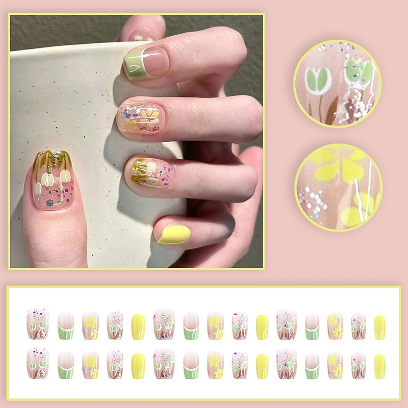 

24 шт., съемные накладные ногти во французском стиле, полностью готовые накладные ногти, квадратные, с полным покрытием, набор ногтей для женщин, носимые художественные типсы для ногтей