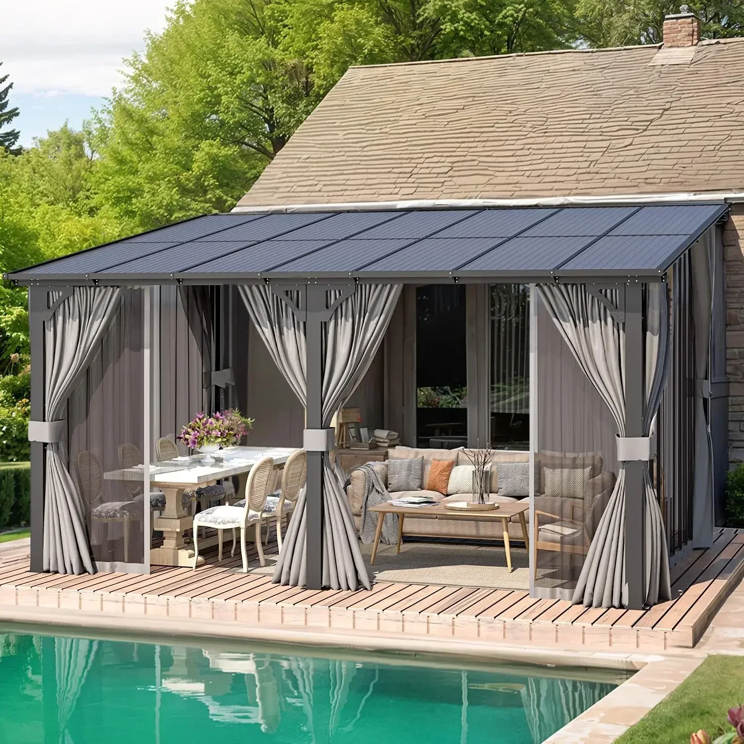 

14' x 10' Gazebo for Patio, Hard Top Lean to Gazebo Pergola with Curtains and Mosquito Netting, Large Wall-Mounted Heavy Duty Aw