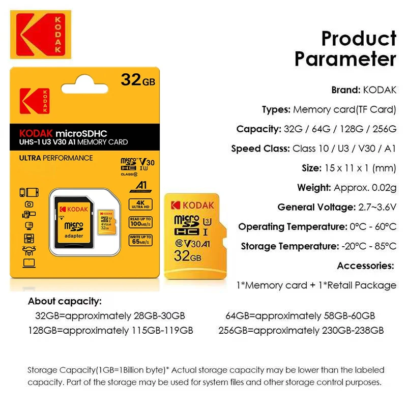 Kodak 100% Original Micro SD Card 32GB Class 10 Memory Card 64GB Flash Card 128GB V30 U3 Flash Memory Card for Driving Recorder