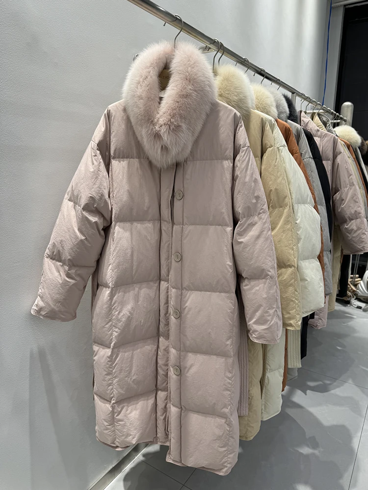 

Winter new fox fur scarf down jacket women's long style over the knee 2025 new thick and trendy 90 white duck down jacket