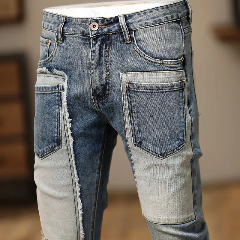 Fashionable streetwear men's jeans retro gray blue elastic slim fit patchwork designer slit jeans men's multi pocket hip-hop pan