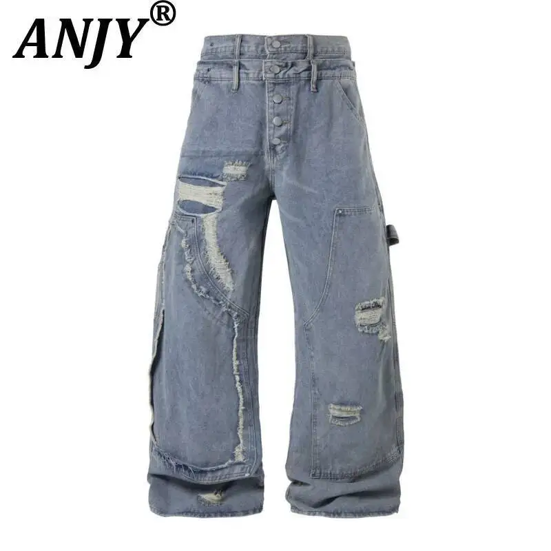 

ANJY Spring Autumn New Women Retro Distressed Washed Double Waistband Ripped Safari Style Jeans Button Casual Denim Pants A23318