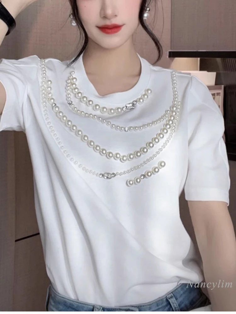 

European Style Heavy Industry Pearl Beaded Round Neck Loose Top Cotton Short-Sleeved T-Shirt for Women Fashion Tees