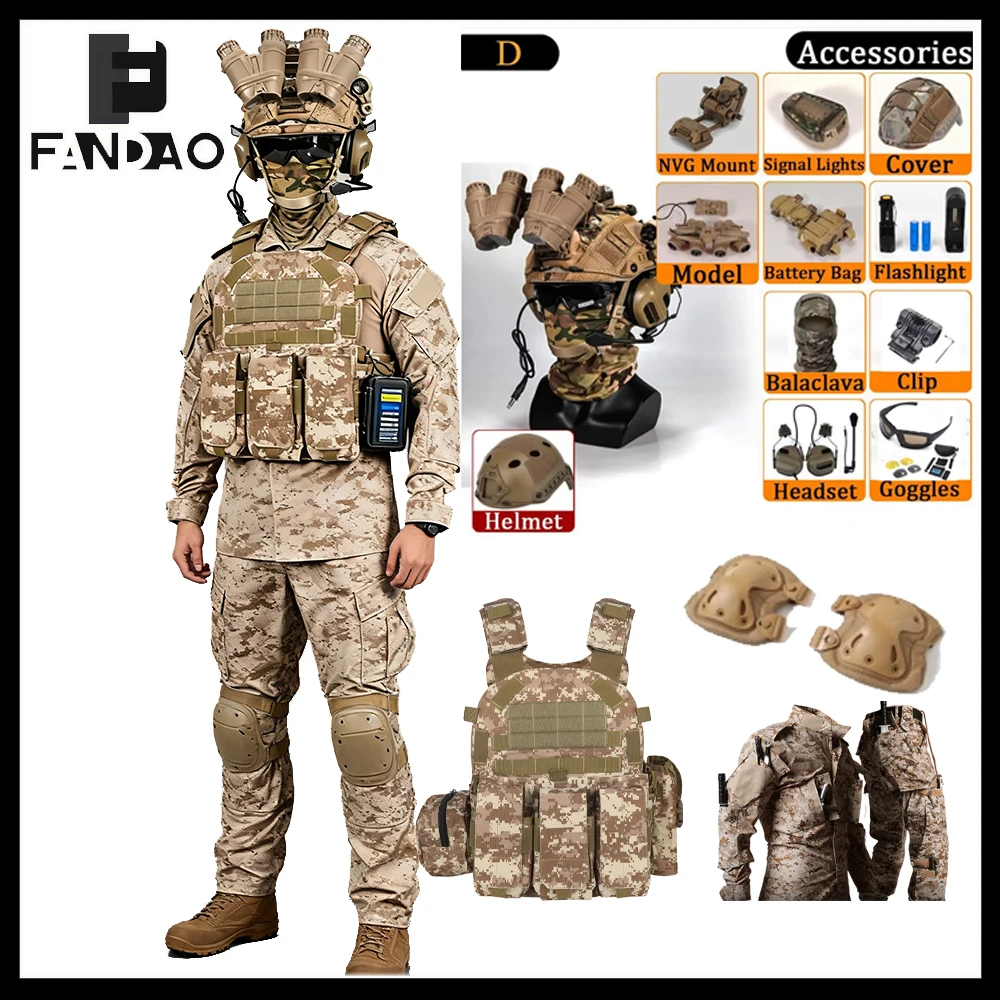 

Tactical Full Camouflage Suit Outdoor Airsoft Special Combat Long Sleeves Clothing with Helmet Jacket Pants Knee Pad for Cosplay