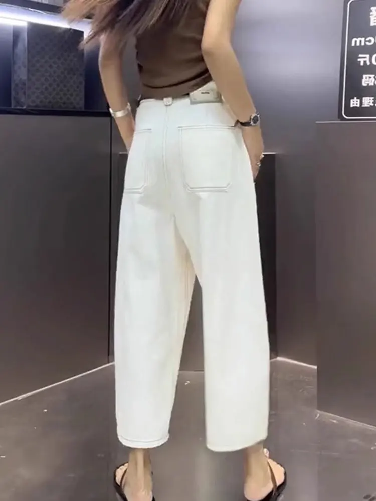 

Белые широкие джинсы-шаровары с высокой талией, женские новые брюки-шаровары больших размеров, грушевидной формы, боди для папы, брюки Harlan с эффектом похудения