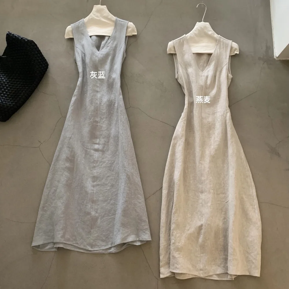 Abito lungo senza maniche senza maniche in lino di cotone Abito estivo da donna con scollo a V Fasciatura Vacanza Midi Vestito estivo Donna femminile 2025
