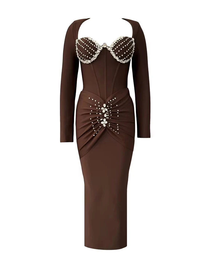 Abito aderente a maniche lunghe con fasciatura scintillante di lusso sexy, festa di celebrità, abiti eleganti da sera per club, set su misura