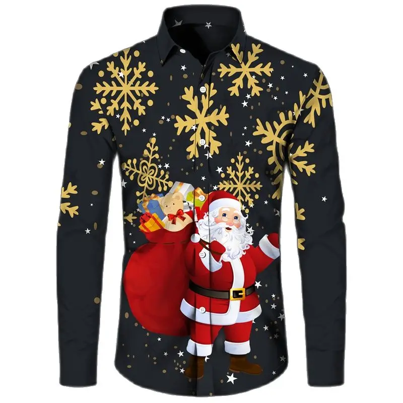 Hawaiian Christmas Theme Santa Claus Tree Shirt For Men Casual Vintage Tops 3d Printed Flower Long Sleeve Clothing Holidays Y2k