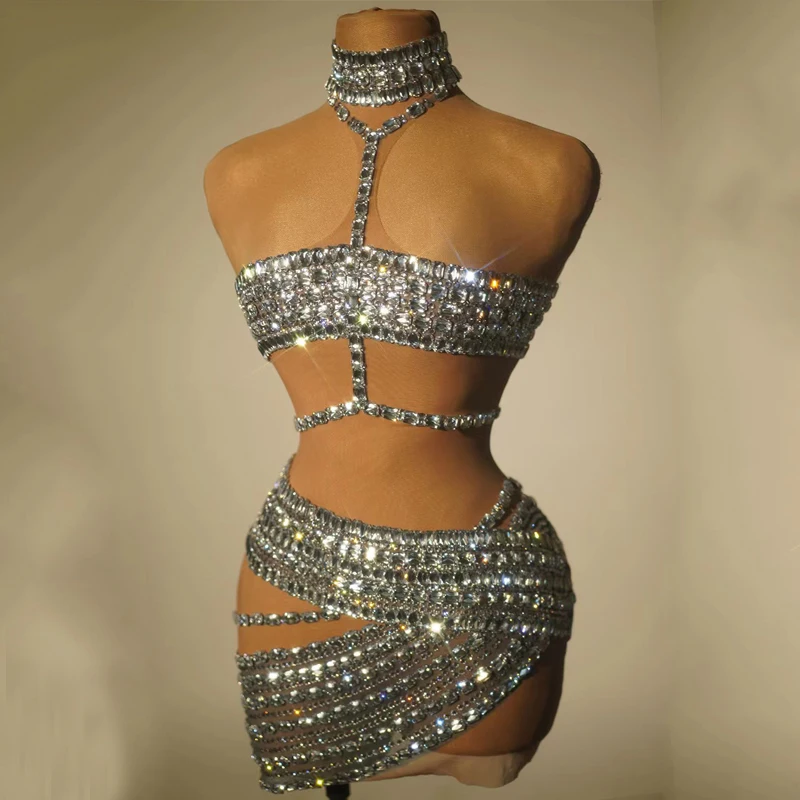New Shiny Gold Rhinestones Dress Sexy Perspective Pole Dance Dresses Women Gogo Costume Bar Nightclub Dj Ds Rave Outfit Dress