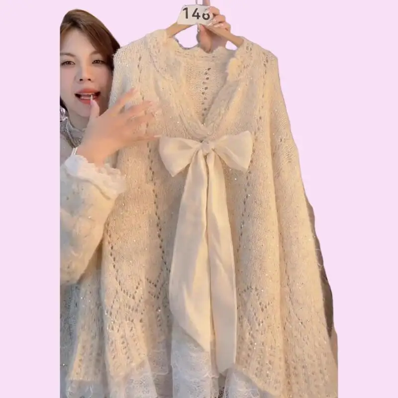 2026 Women Autumnwinter Sweet Western Style Bow Design Long Sweater Lazy Style Cute Soft Lace Splicingloose Comfort Knittedtops