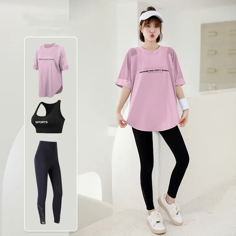 メッシュルーズ Tシャツ + ブラジャー + レギンス女性ヨガセット速乾性フィットネスジム服ランニングスポーツウェアスーツ 1