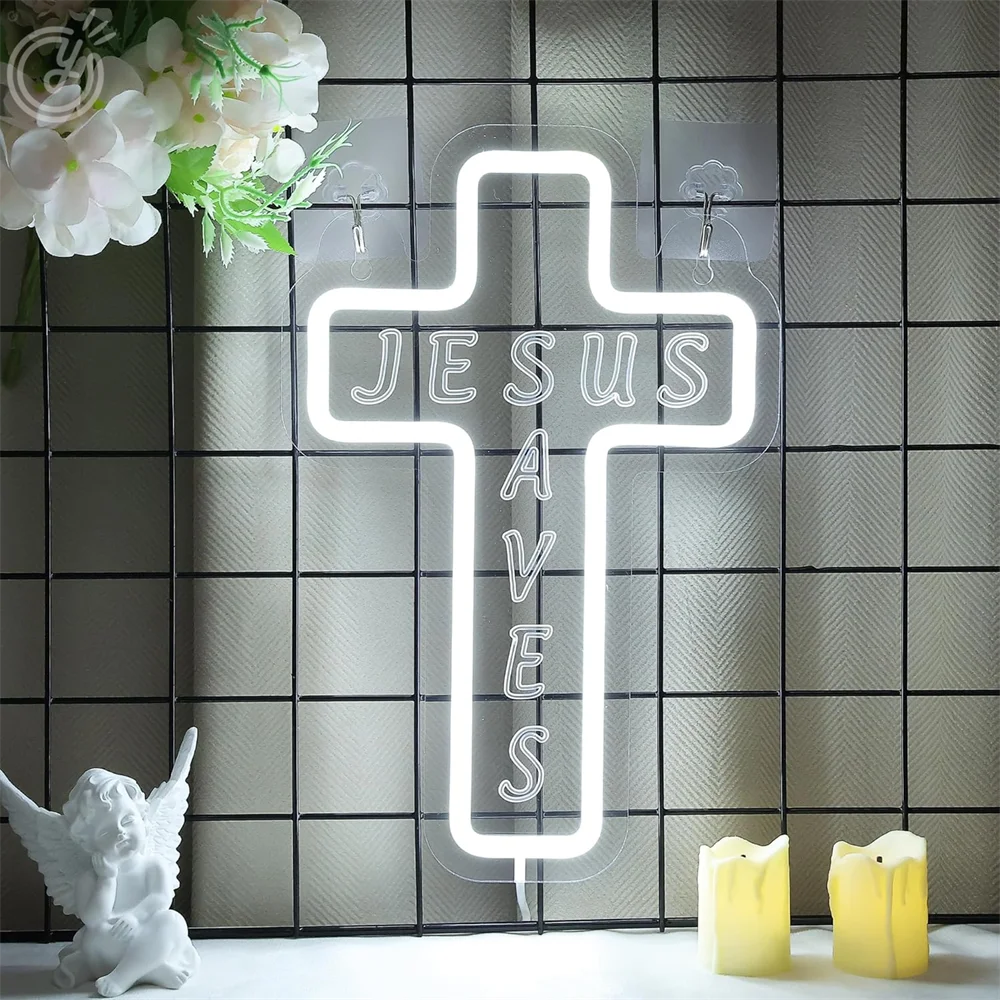 Cross Neon Sign LED Jesus Cross Wall Decor USB Powered for Bedroom Christening Baby Shower Decor Christian Symbol Neon LED Light