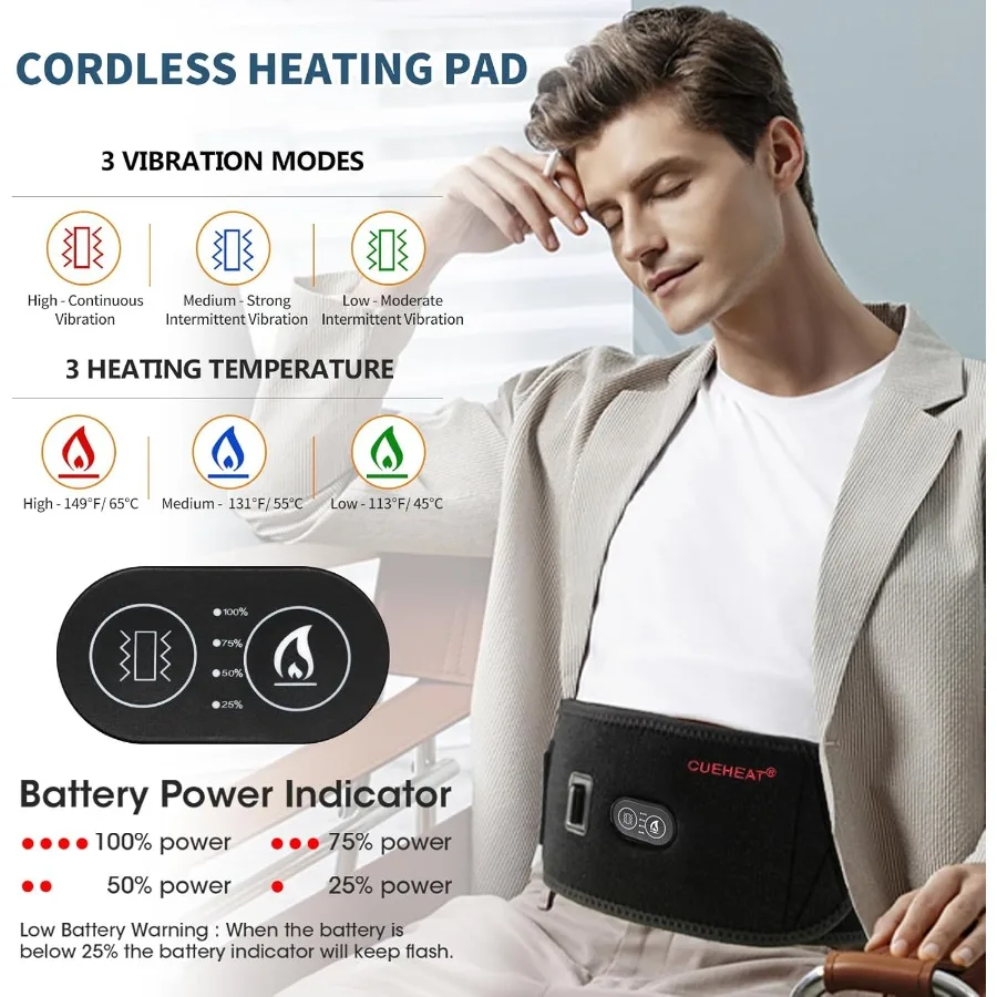 CUEHEAT Bantalan Pemanas Tanpa Kabel Sabuk Pinggang Dipanaskan untuk Pemanas Listrik Punggung Bawah dan Pijat Bertenaga Baterai Isi Ulang Hitam 5