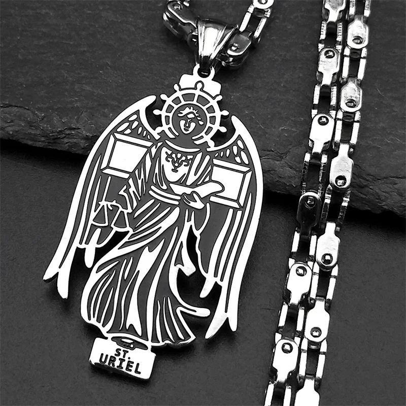 שרשרת תליון מפלדת אל-חלד עם צלב ארכאנג'ל סנט אוריאל לנשים וגברים בצבע כסף שרשרת נוצרית תכשיט מתנה
