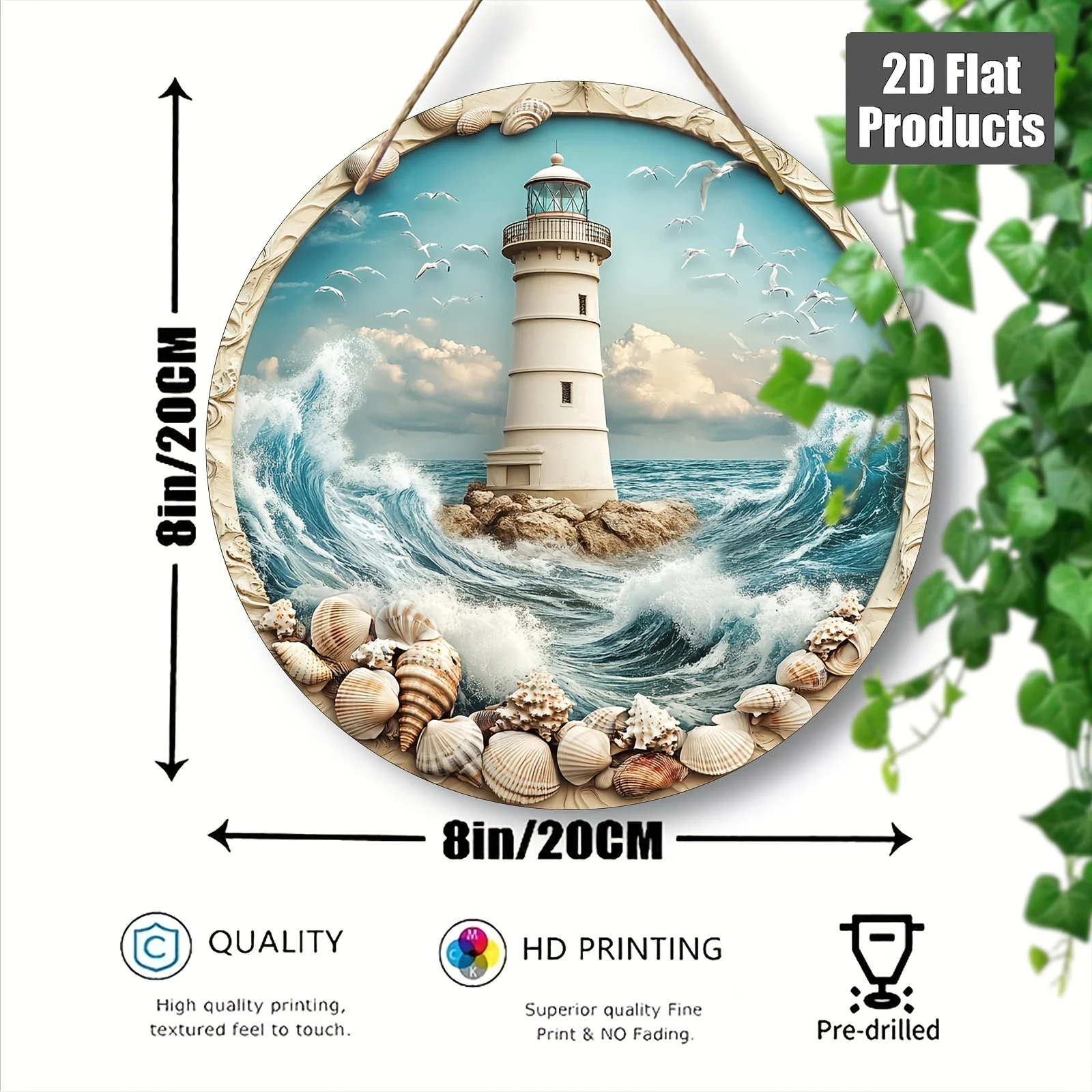 2D Flat,  Lighthouse Theme Round Wooden Sign (8*8in/20*20cm), Home Holiday Wall Decor, Autumn and Back-to-School Season Hot Gift