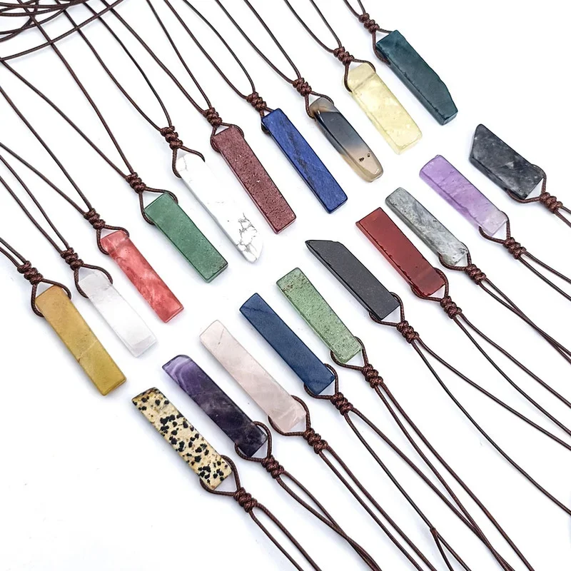 Brown Rope Woven Irregular Agates Strips Stone Pendant Healing Crystal Quartz Pillar Necklace Jewelry Women Men