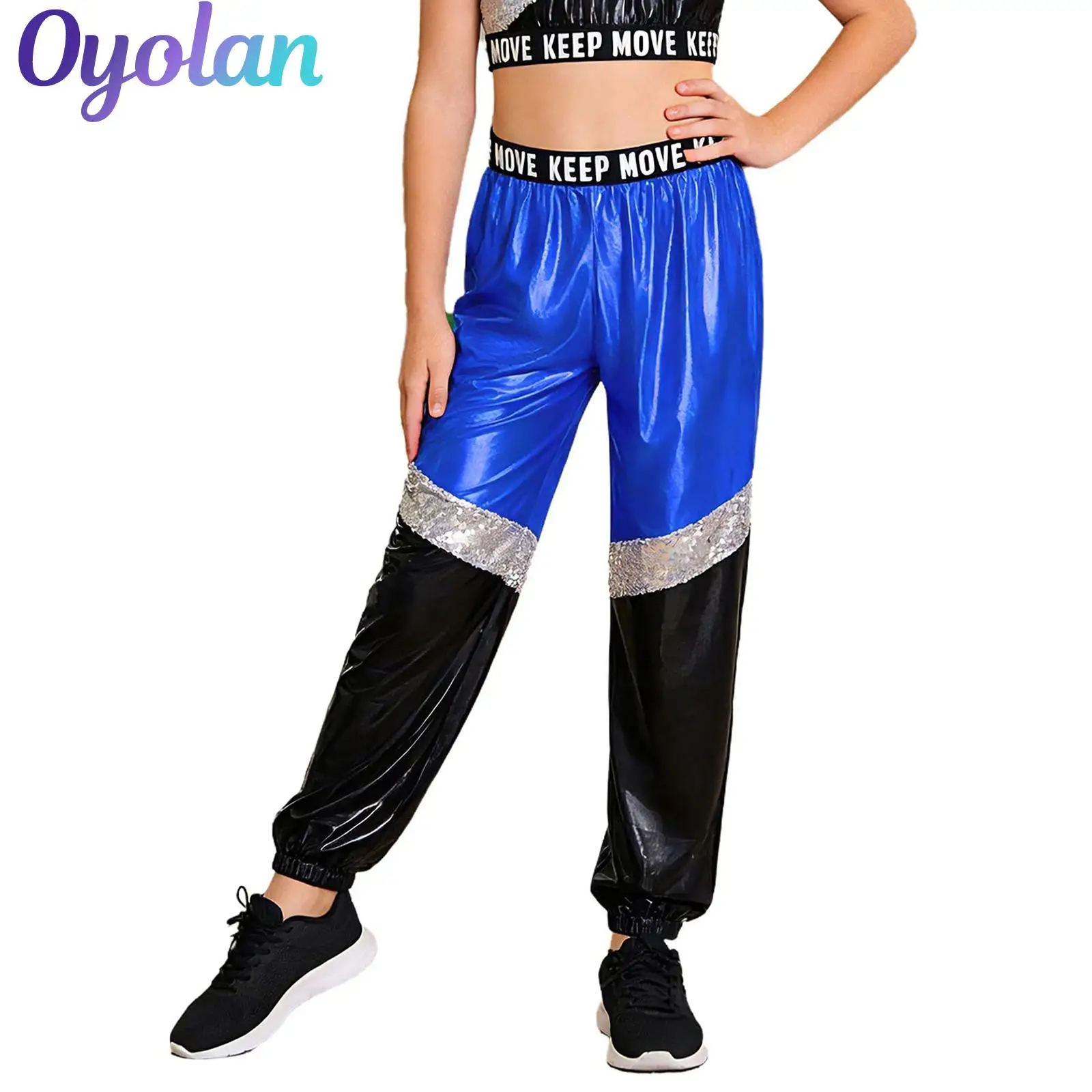 

Детские брюки для уличных джазовых танцев с блестящими пайетками для девочек, костюм для хип-хопа, металлические брюки с эластичным поясом и цветными блоками, с буквенным принтом