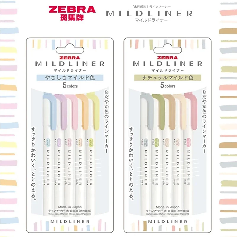 Japan ZEBRA Mildliner Highlighter Water-based Marker Pen WKT7 5 Colors Set Pastel Natural Mild Liner Dual Tip for Highlighting