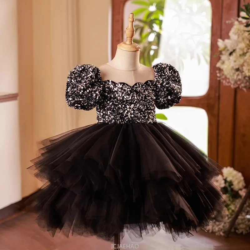 

Party Dress Black Glitter Girls First Year Birthday Pageant Host Outfit Children Gown Costume Vestido Piano Recital Performance