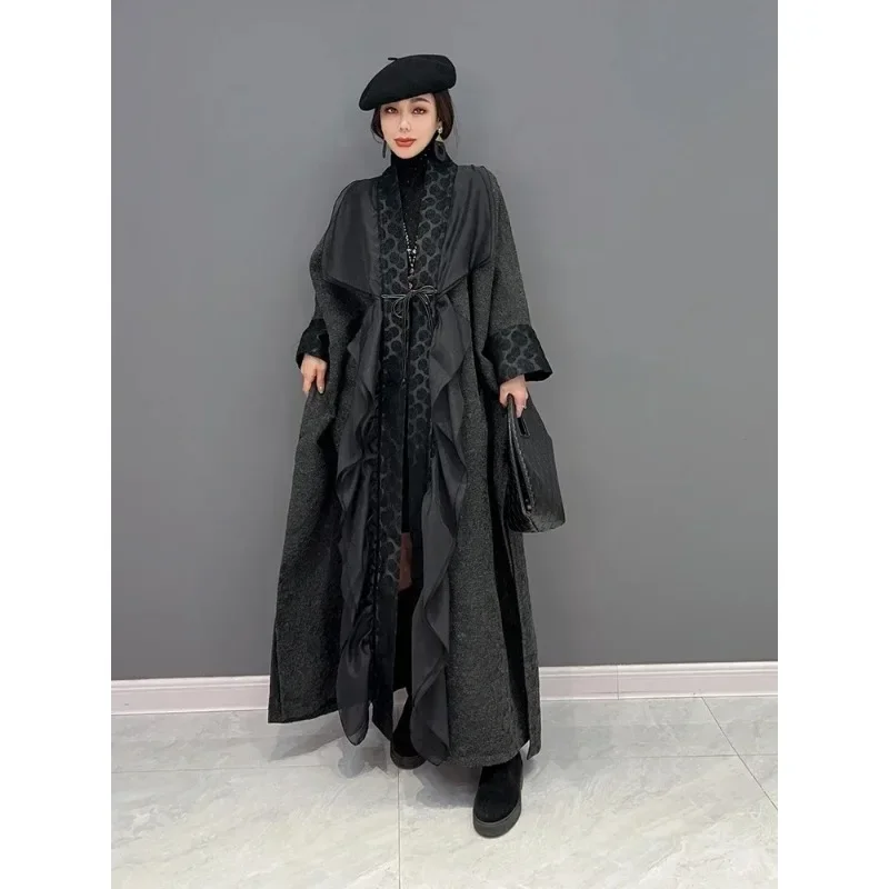 

SuperAen 2024 Autumn Winter New Korean Fashion Irregular Splice Cardigan Coat Women's Oversize Ruffles Coat