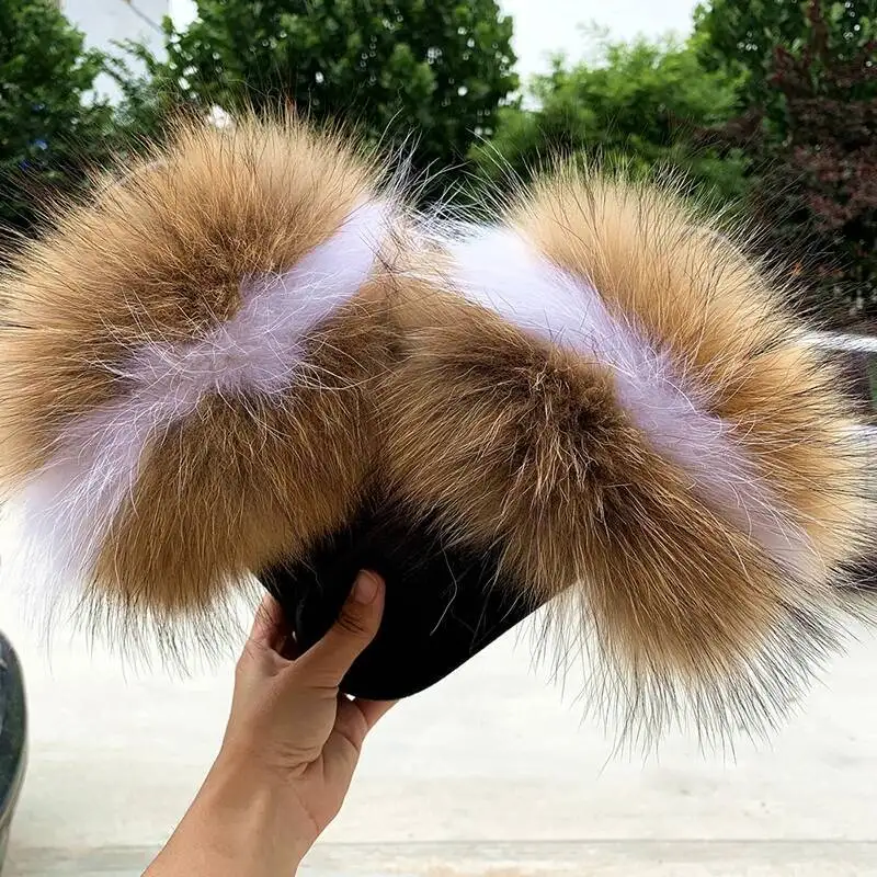 

Mixed Colors Real Fur Slides For Women Summer Fluffy Fox Fur Slippers EVA Soft Plush House Shoes Furry Beach Flip Flops Sandals